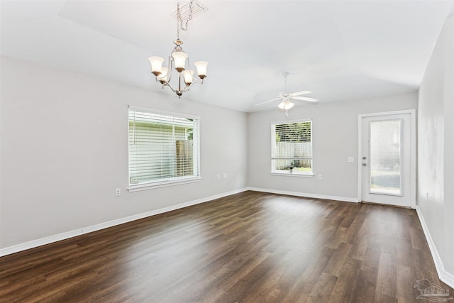 5397 Fawn Ridge Dr, Gulf Breeze, FL 32563 - empty room with dark wood finished floors, ceiling fan, a chandelier, and lofted ceiling