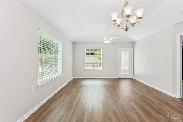 5397 Fawn Ridge Dr, Gulf Breeze, FL 32563 - unfurnished living room with dark wood-style floors, a ceiling fan, a chandelier, and vaulted ceiling