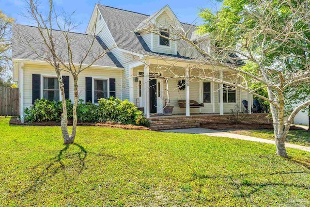 view of front of home with covered porch, fence, roof with shingles, and a front lawn