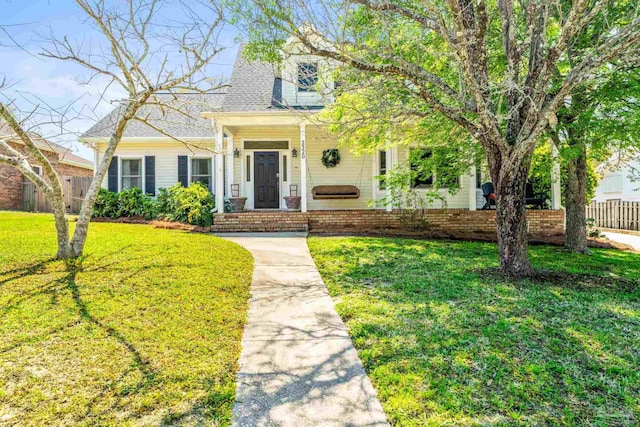 view of front facade with fence, a porch, and a front yard