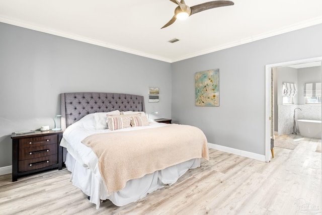 bedroom featuring crown molding, a ceiling fan, light wood-type flooring, baseboards, and visible vents