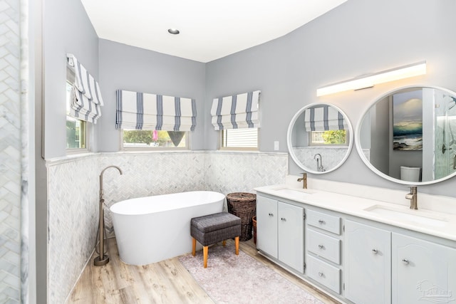 bathroom with a freestanding bath, a sink, and wainscoting
