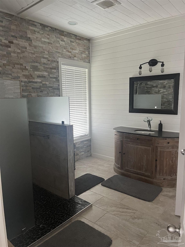 5350 Pale Moon Dr, Pensacola, FL 32507 - full bath featuring a walk in shower, vanity, and wooden ceiling