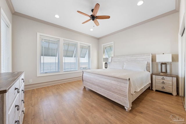 5350 Pale Moon Dr, Pensacola, FL 32507 - bedroom featuring ornamental molding, a ceiling fan, recessed lighting, light wood-style floors, and baseboards