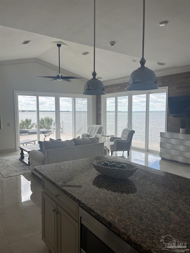 kitchen with visible vents, a healthy amount of sunlight, crown molding, and dark stone countertops