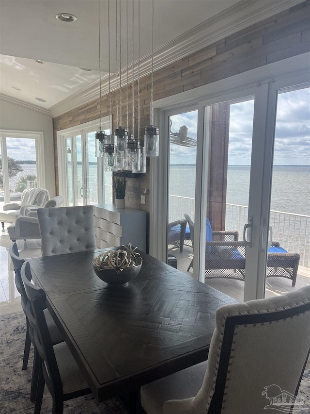 5350 Pale Moon Dr, Pensacola, FL 32507 - dining room with french doors, a water view, and ornamental molding