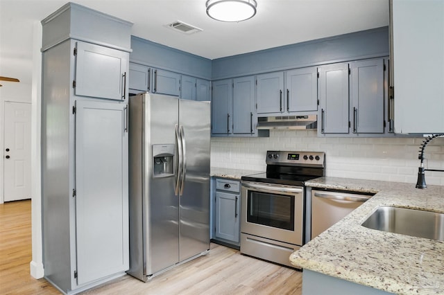 4248 Seaport Rd, Pace, FL 32571 - kitchen featuring appliances with stainless steel finishes, under cabinet range hood, a sink, light wood-type flooring, and light stone counters