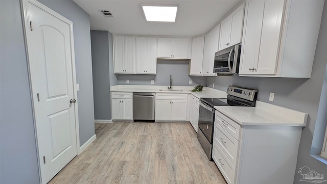 kitchen featuring appliances with stainless steel finishes, light hardwood / wood-style flooring, white cabinetry, and sink