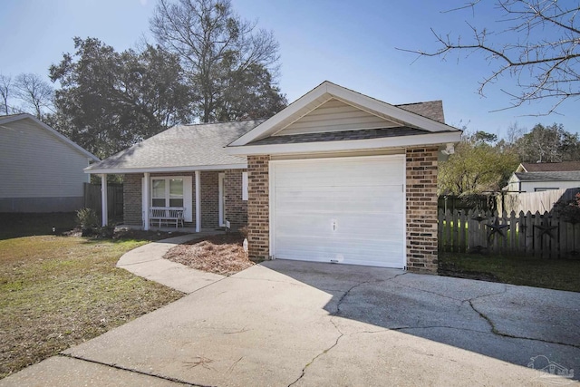 ranch-style home with a porch, an attached garage, brick siding, fence, and driveway