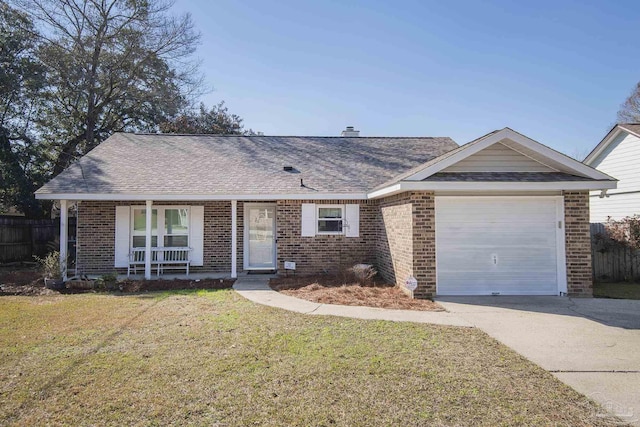 single story home with concrete driveway, a porch, an attached garage, a front lawn, and brick siding