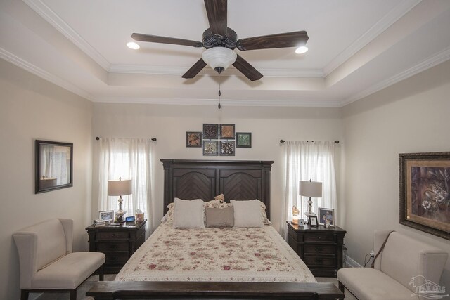 bedroom featuring multiple windows, a tray ceiling, and crown molding