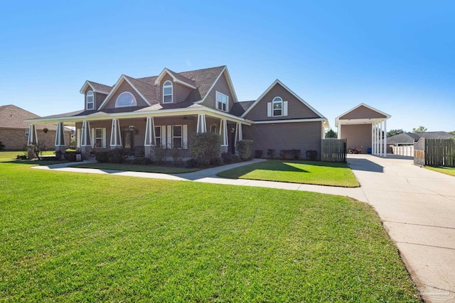 view of front of house featuring covered porch and a front lawn