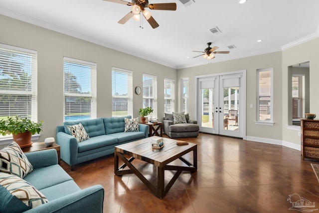 living room featuring french doors, ornamental molding, ceiling fan, and a wealth of natural light