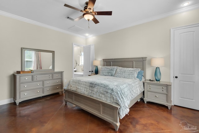 bedroom with ceiling fan, ornamental molding, and ensuite bathroom