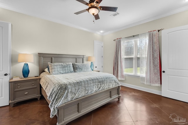 bedroom with dark tile patterned floors, crown molding, and ceiling fan