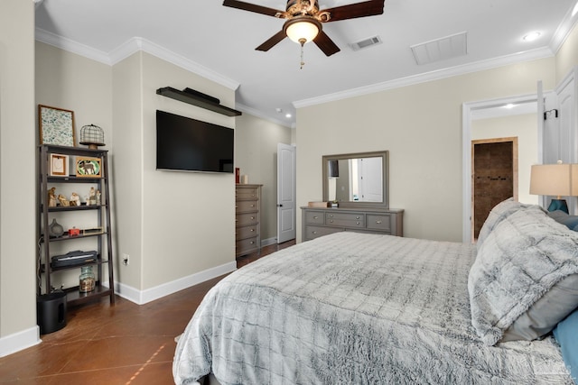 tiled bedroom with crown molding and ceiling fan