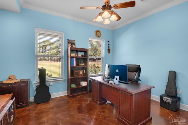 office space with ornamental molding and ceiling fan