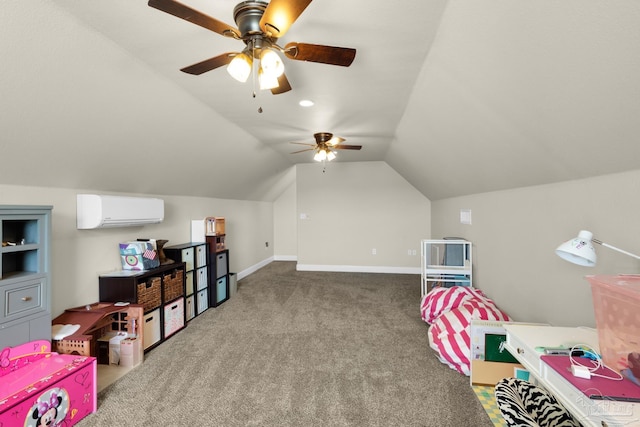 rec room with light carpet, lofted ceiling, a wall mounted air conditioner, and ceiling fan