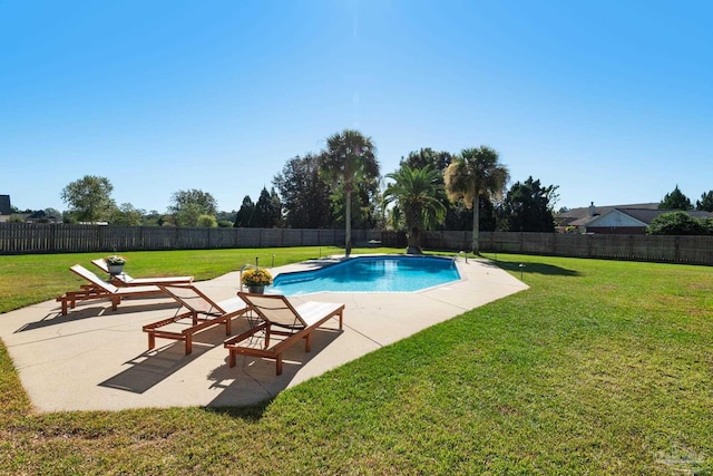 view of pool featuring a patio and a lawn