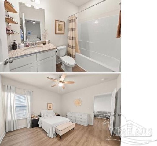 bedroom with ceiling fan, light wood-type flooring, and sink