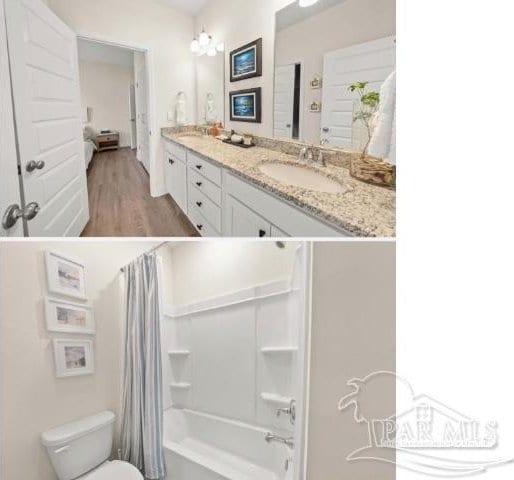 full bathroom featuring toilet, hardwood / wood-style floors, vanity, and shower / tub combo with curtain