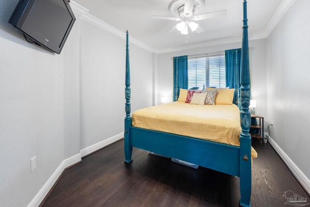 6018 Autumn Pines Cir, Pace, FL 32571 - bedroom featuring wood finished floors, crown molding, baseboards, and a ceiling fan