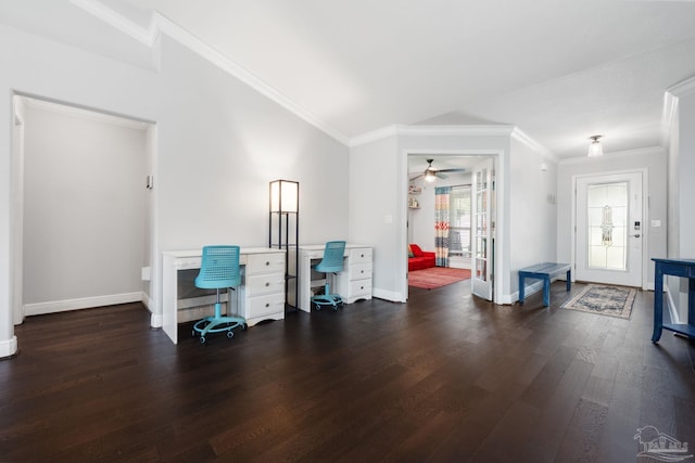 6018 Autumn Pines Cir, Pace, FL 32571 - office featuring dark wood finished floors, baseboards, ornamental molding, and ceiling fan