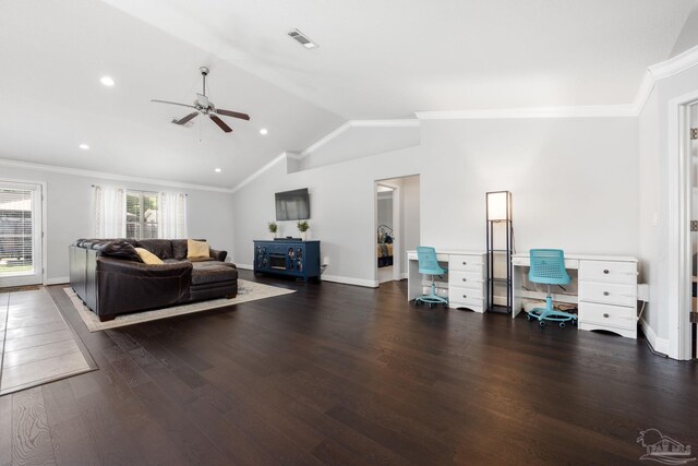 6018 Autumn Pines Cir, Pace, FL 32571 - living area with visible vents, a ceiling fan, and ornamental molding