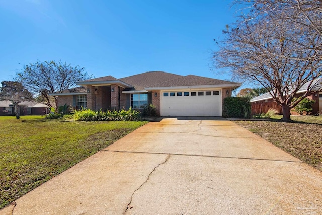 single story home featuring a garage and a front yard