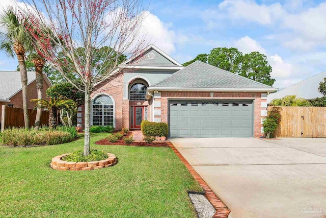 traditional-style house with brick siding, concrete driveway, a front lawn, and fence