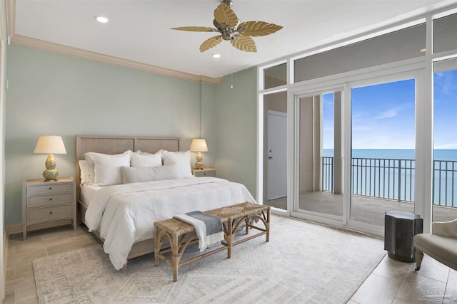 tiled bedroom featuring floor to ceiling windows, a water view, crown molding, access to outside, and ceiling fan