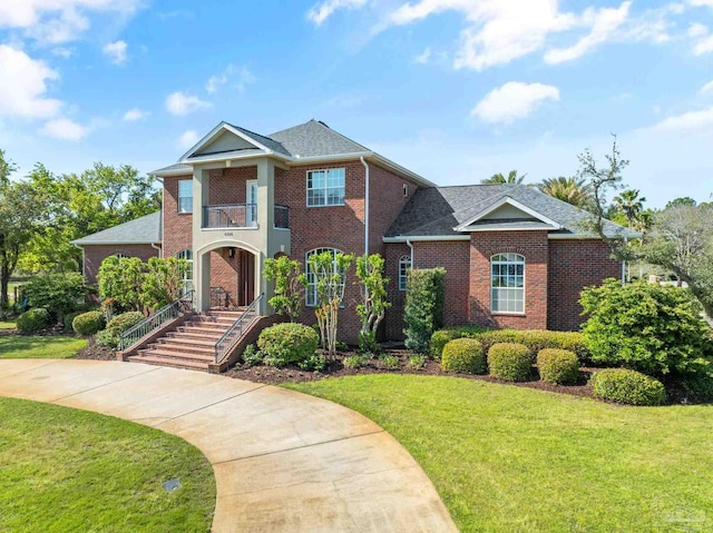 view of front of house with a balcony and a front yard