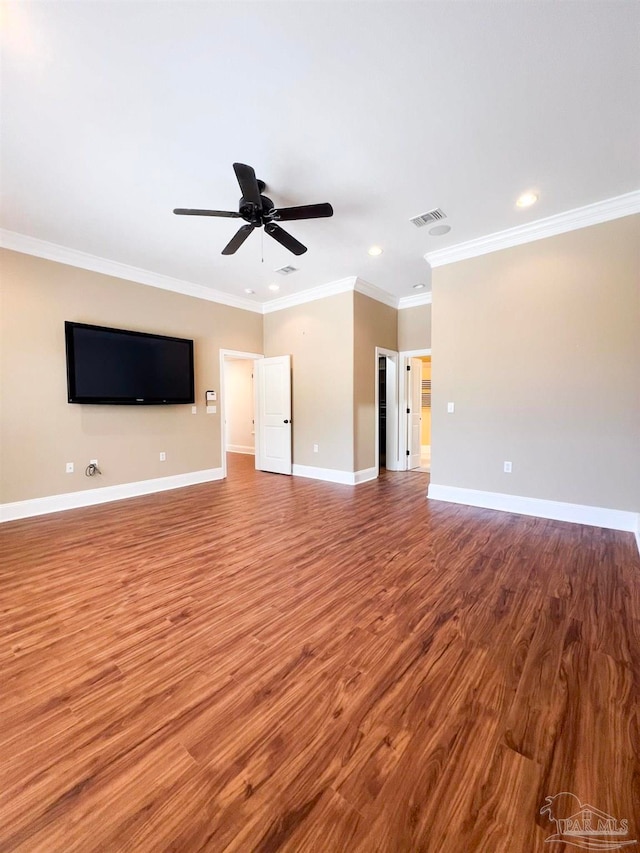 unfurnished living room featuring crown molding, ceiling fan, and wood-type flooring