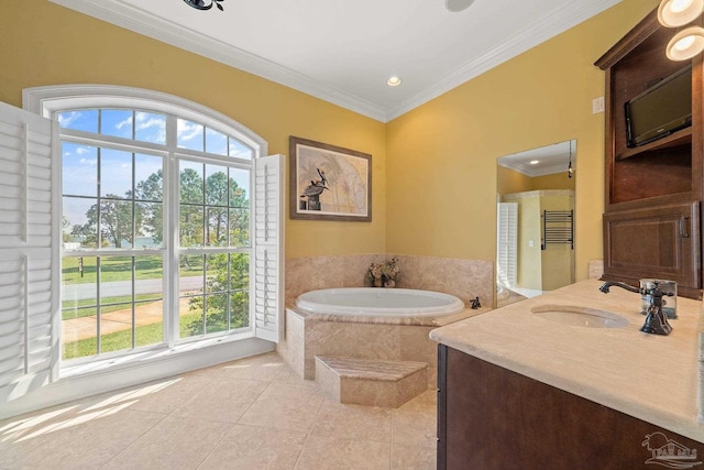 bathroom featuring tiled bath, tile patterned floors, vanity, and ornamental molding