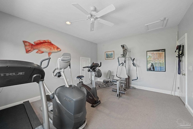 exercise room featuring carpet and ceiling fan