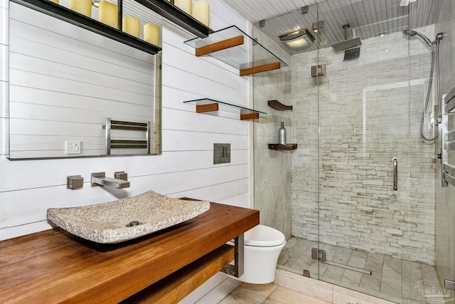 bathroom with walk in shower, radiator, toilet, and vanity