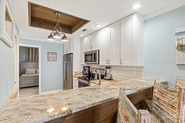 kitchen featuring white cabinetry, tasteful backsplash, a tray ceiling, stainless steel appliances, and light stone countertops