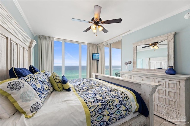 bedroom with access to exterior, crown molding, floor to ceiling windows, and ceiling fan