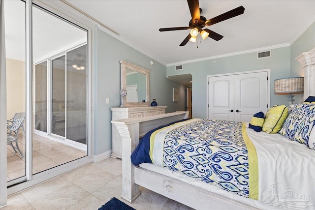 tiled bedroom with ceiling fan, ornamental molding, access to exterior, and a closet