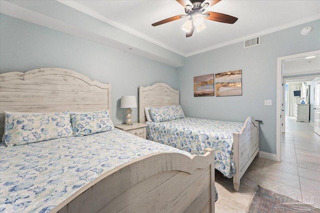 tiled bedroom with ceiling fan and ornamental molding