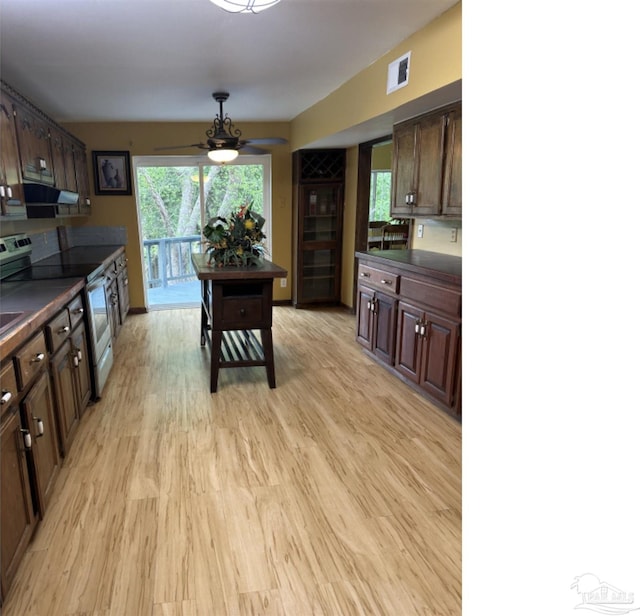 kitchen with dark brown cabinetry, ceiling fan, light wood-type flooring, and electric stove