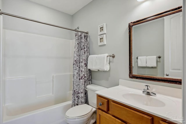 full bathroom with vanity, shower / bathtub combination with curtain, and toilet