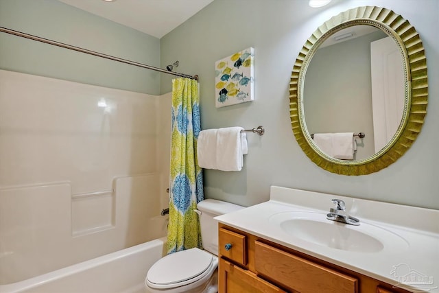 full bathroom featuring vanity, shower / tub combo, and toilet