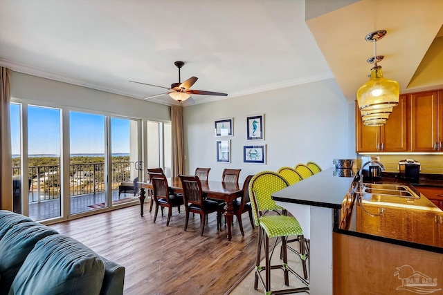 dining room featuring ceiling fan, ornamental molding, light hardwood / wood-style floors, and sink