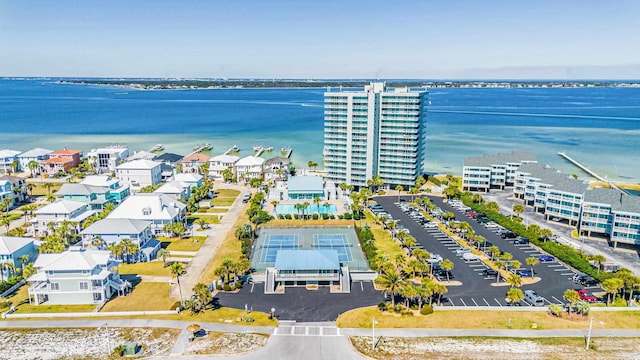 aerial view featuring a residential view and a water view