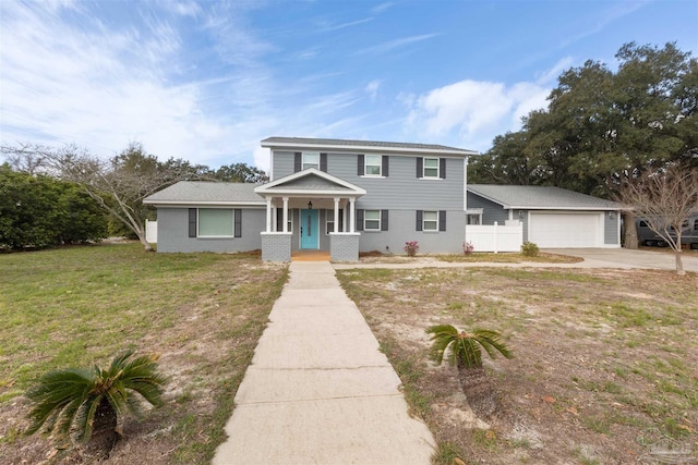 view of front of home featuring an attached garage, brick siding, fence, driveway, and a front lawn