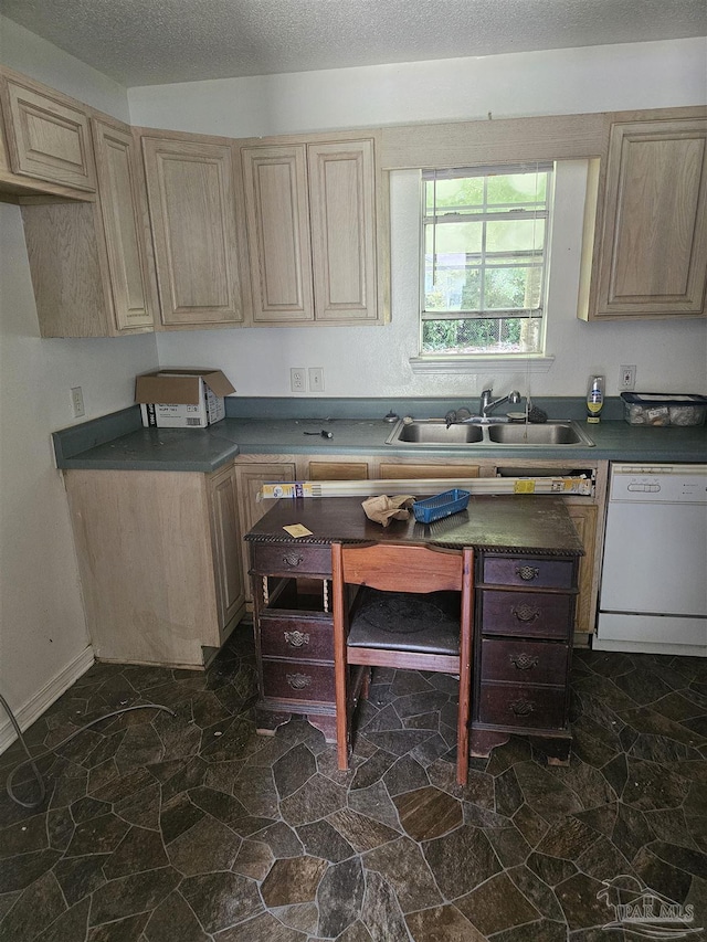 6027 Villeneuve Ln, Pensacola, FL 32526 - kitchen featuring white dishwasher, dark stone finish floors, light brown cabinets, and dark countertops