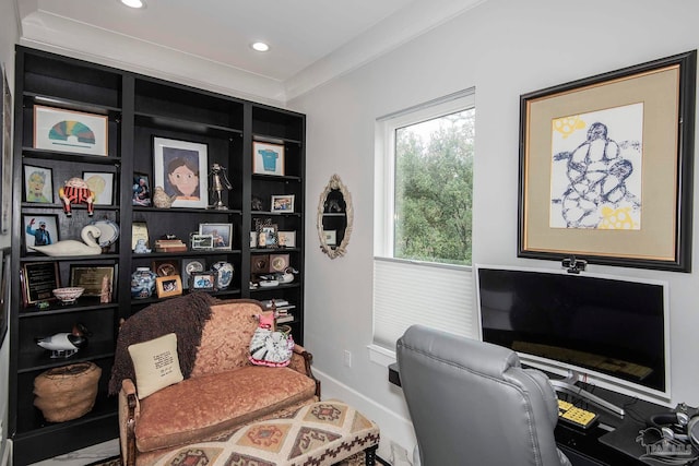 home office with crown molding