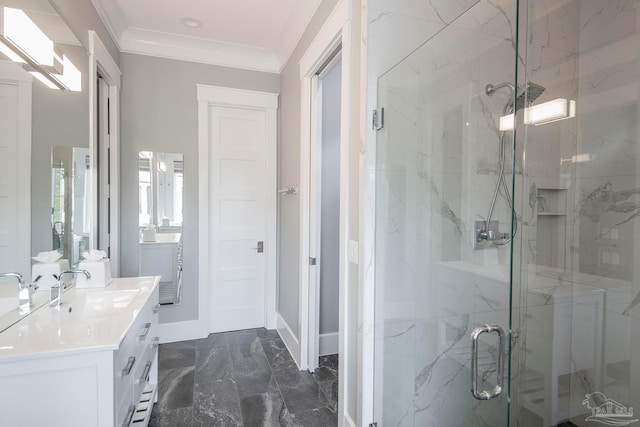 bathroom with walk in shower, vanity, and crown molding