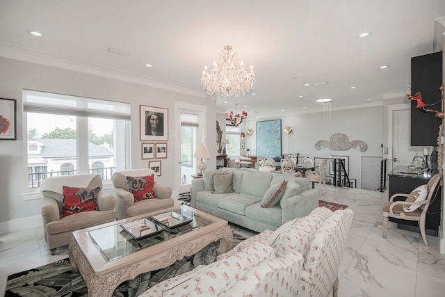 living room with ornamental molding and an inviting chandelier